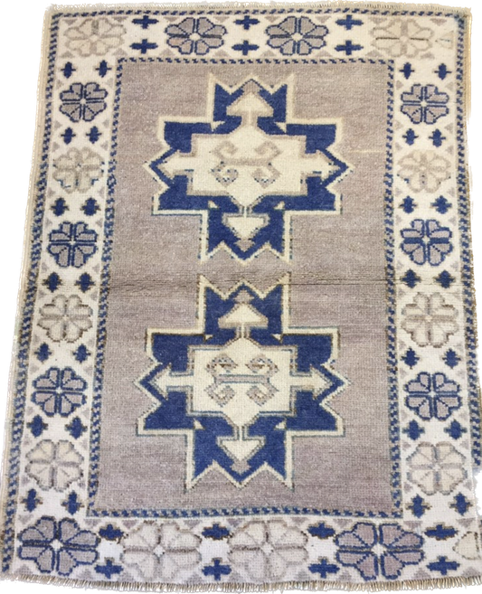 Pastel and Navy Blue Anatolian Vintage Rug