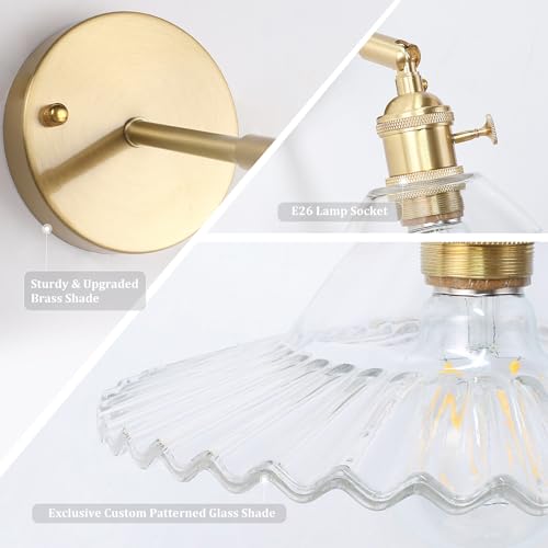 Vintage Wall Sconces Set of 2 with Transparent Tulip Glass Lampshade 180 Degree Adjustable Brass Sconces Hardwired Modern Wall Lighting Fixture with Switch for Bedside Bedroom Doorway