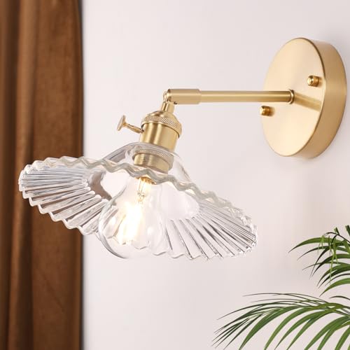 Vintage Wall Sconces Set of 2 with Transparent Tulip Glass Lampshade 180 Degree Adjustable Brass Sconces Hardwired Modern Wall Lighting Fixture with Switch for Bedside Bedroom Doorway