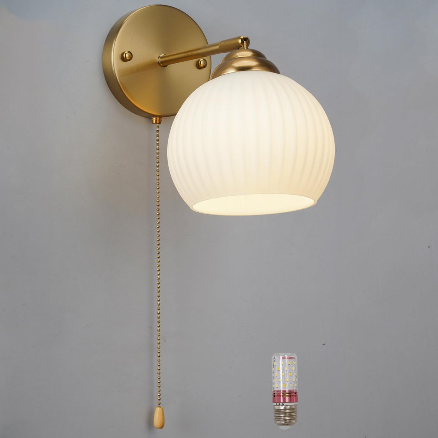 Mid-Century Modern Gold Wall Sconce, Set of 2 Industrial Bathroom Vanity Wall Sconce with White Spherical Glass Brushed Brass Wall Sconce for Dining Room Living Room Bedside