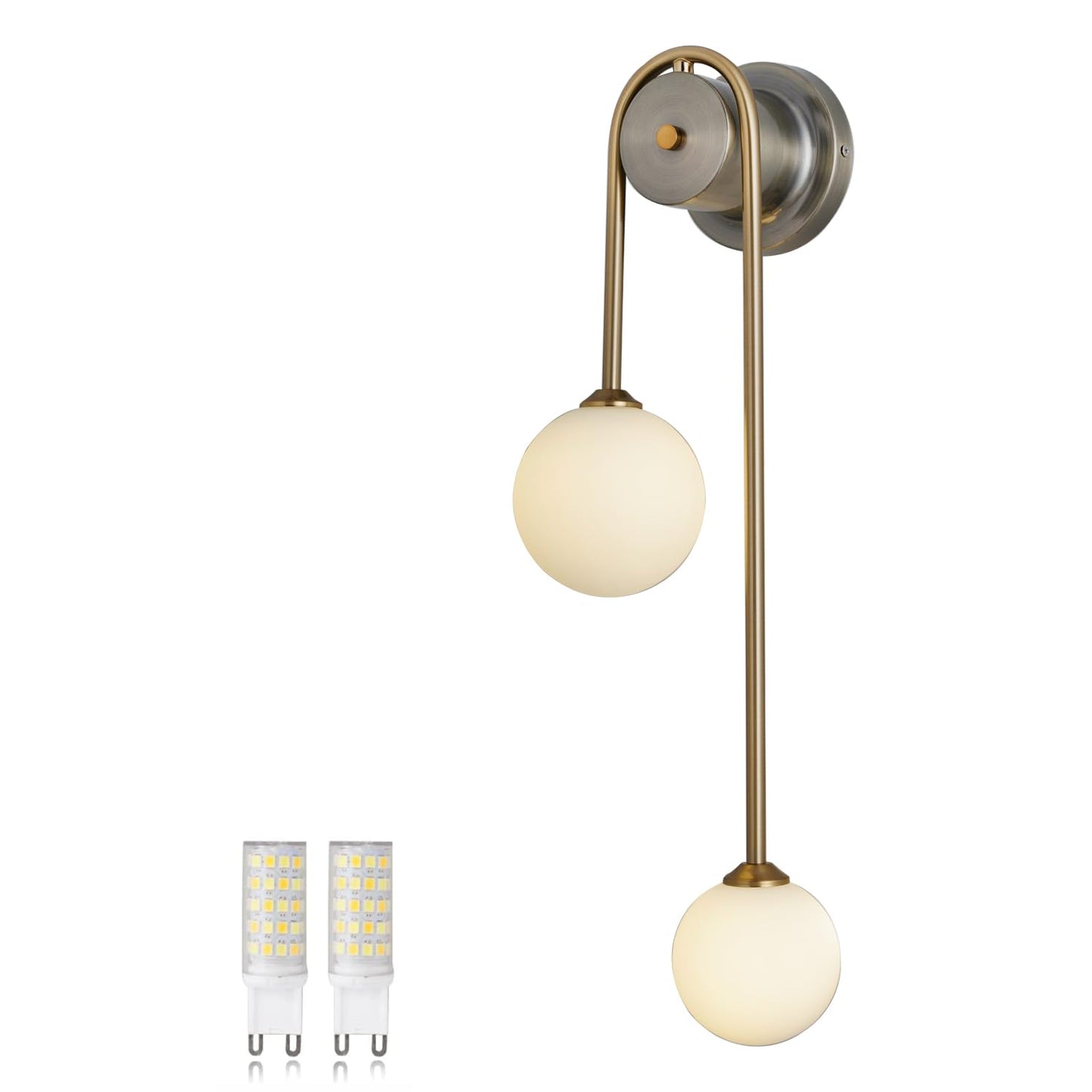 Mid-Century Modern Gold Wall Sconce, Set of 2 Industrial Bathroom Vanity Wall Sconce with White Spherical Glass Brushed Brass Wall Sconce for Dining Room Living Room Bedside