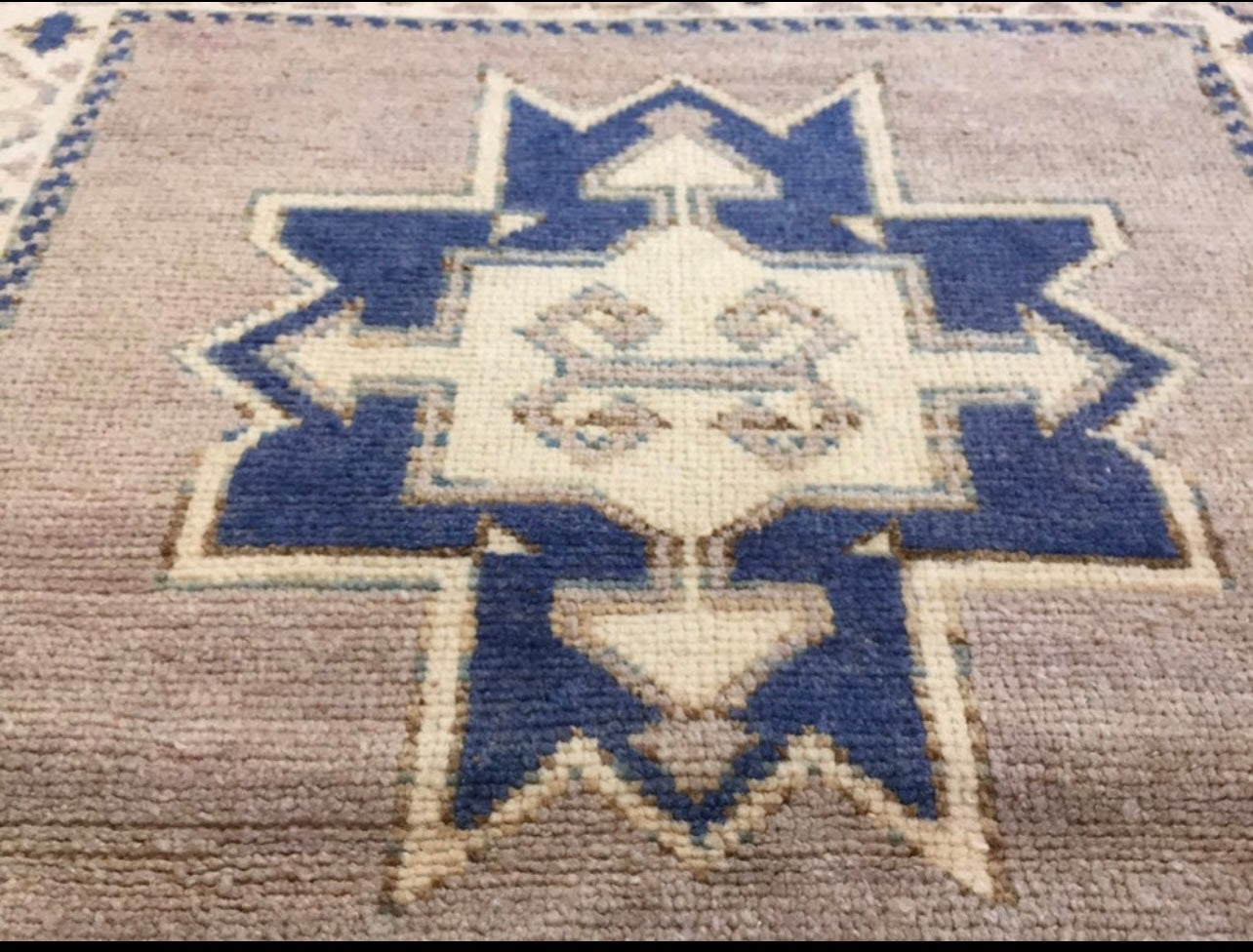 Pastel and Navy Blue Anatolian Vintage Rug