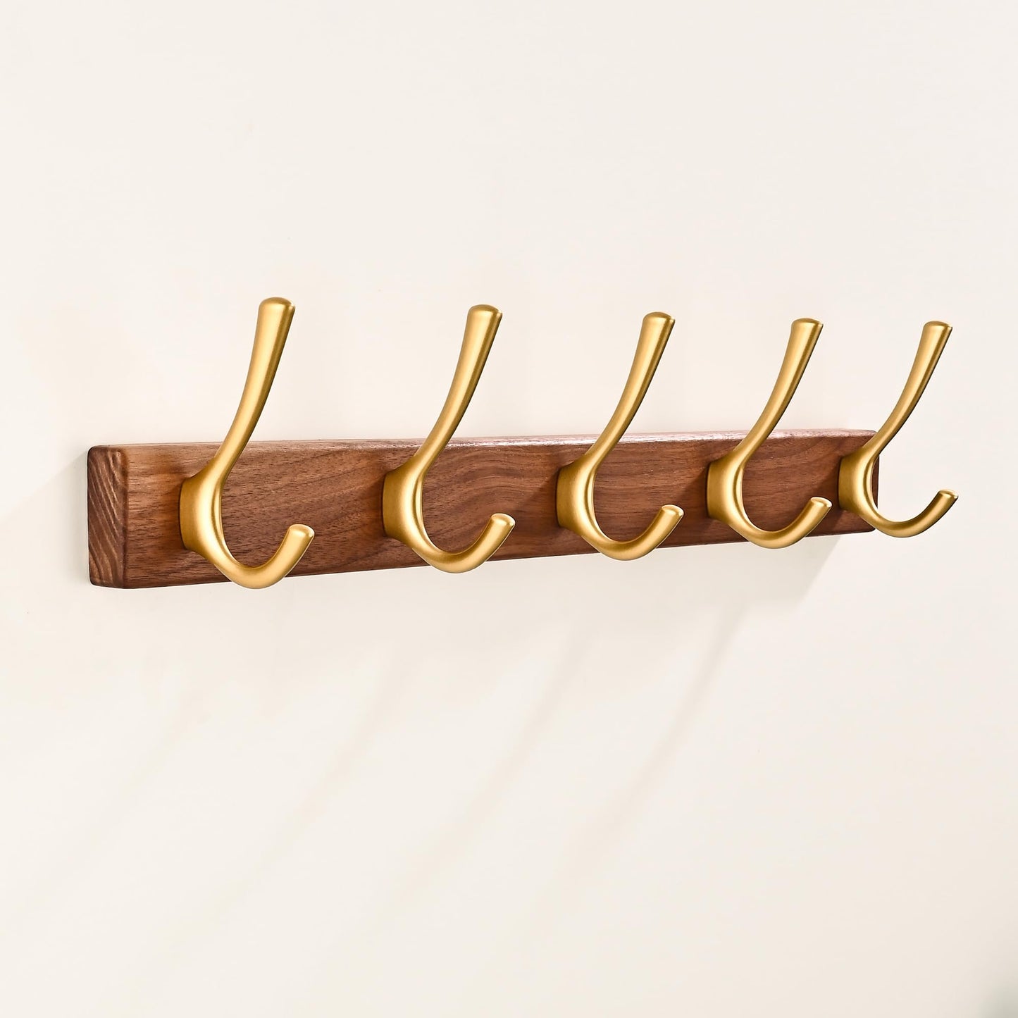 4 Pack Walnut Wood Wall Coat Hooks for Hanging, Adhesive Mounted & Wall Mount Heavy Duty Wooden Double Hook Hanger for Towel Backpack Hat Jacket Clothes Blanket Purse Robe Key Gold Hook