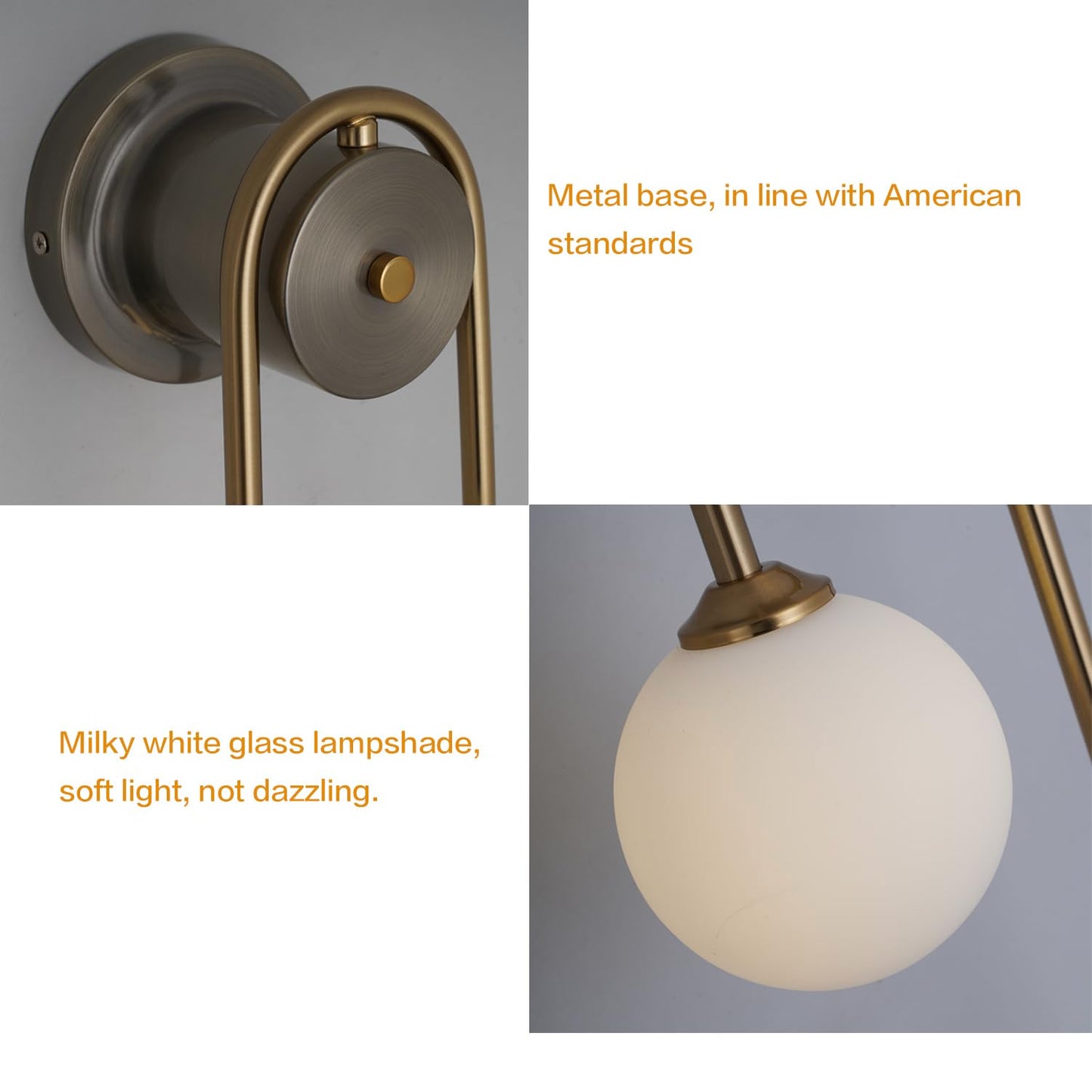 Mid-Century Modern Gold Wall Sconce, Set of 2 Industrial Bathroom Vanity Wall Sconce with White Spherical Glass Brushed Brass Wall Sconce for Dining Room Living Room Bedside