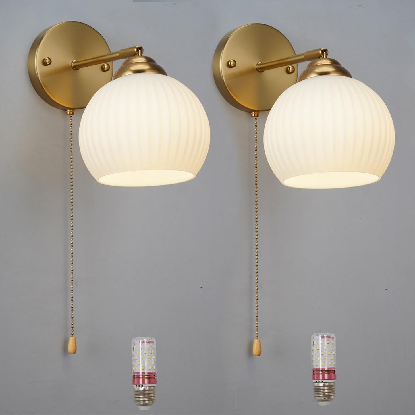 Mid-Century Modern Gold Wall Sconce, Set of 2 Industrial Bathroom Vanity Wall Sconce with White Spherical Glass Brushed Brass Wall Sconce for Dining Room Living Room Bedside