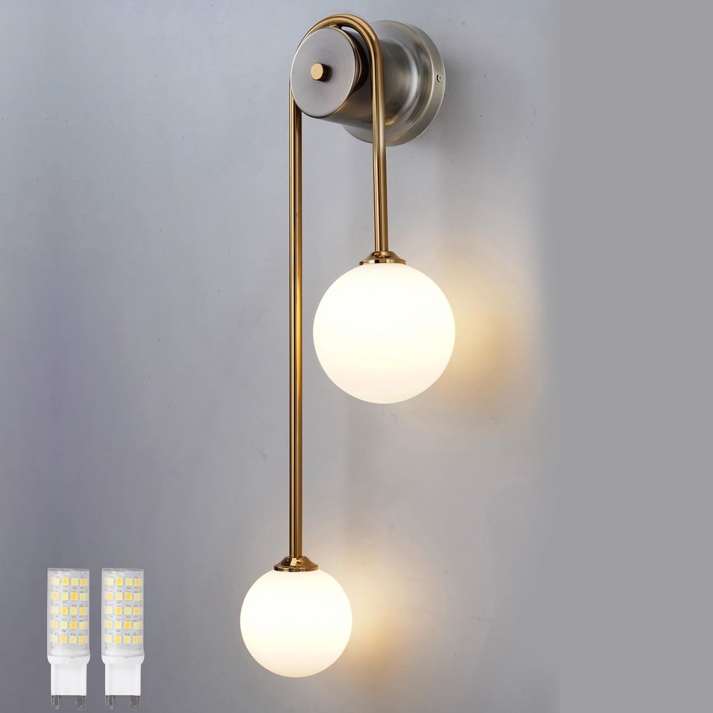 Mid-Century Modern Gold Wall Sconce, Set of 2 Industrial Bathroom Vanity Wall Sconce with White Spherical Glass Brushed Brass Wall Sconce for Dining Room Living Room Bedside