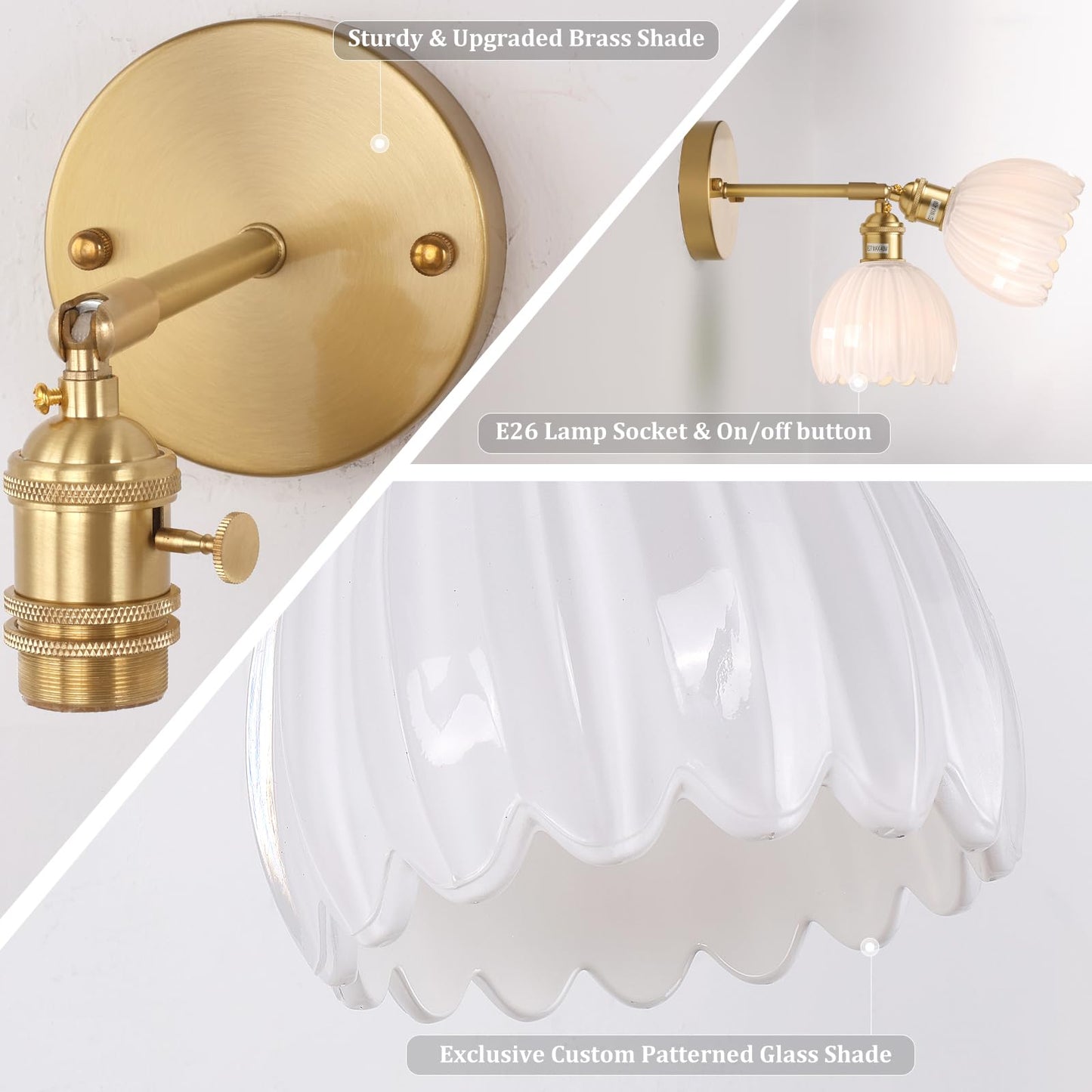 Vintage Wall Sconces Set of 2 with Transparent Tulip Glass Lampshade 180 Degree Adjustable Brass Sconces Hardwired Modern Wall Lighting Fixture with Switch for Bedside Bedroom Doorway