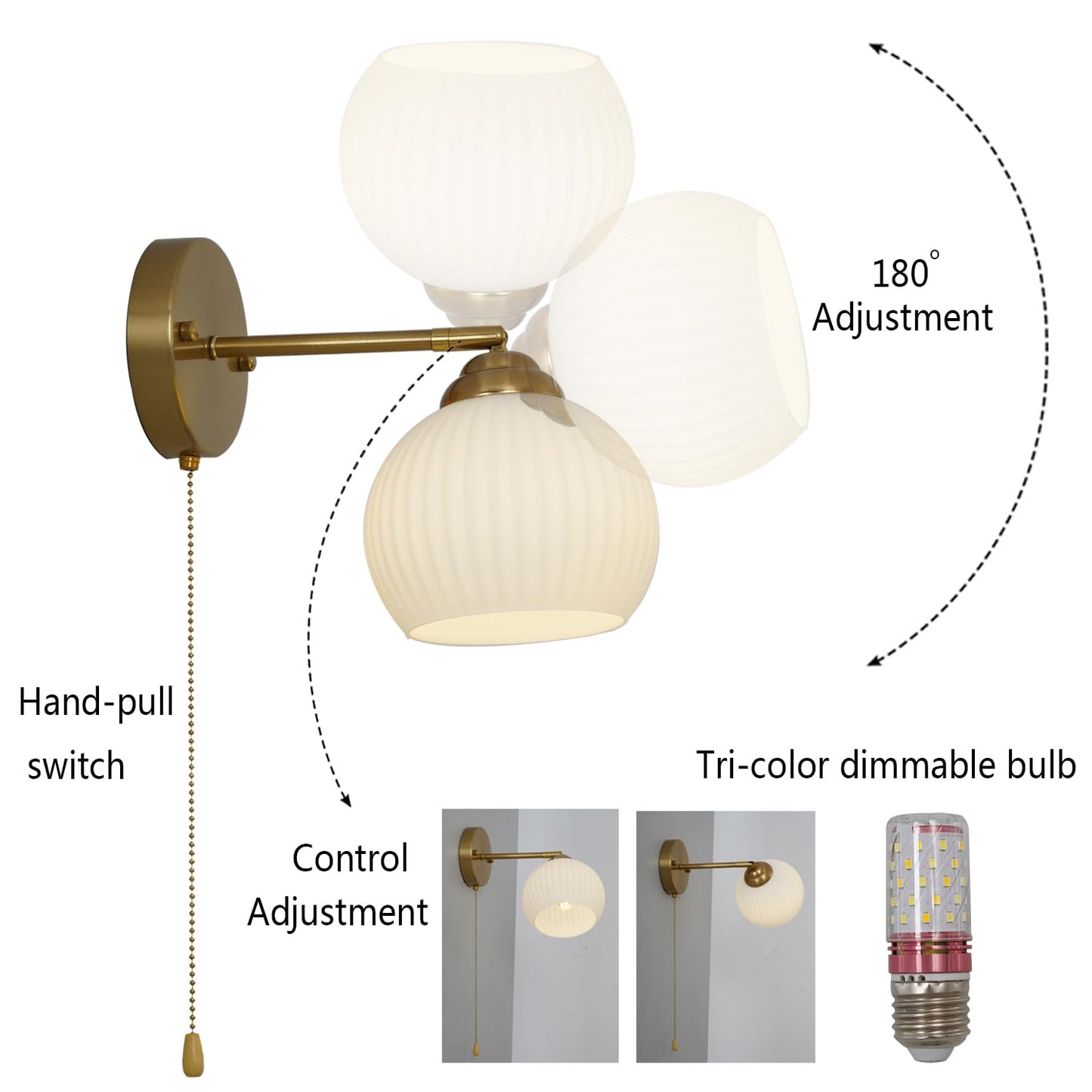 Mid-Century Modern Gold Wall Sconce, Set of 2 Industrial Bathroom Vanity Wall Sconce with White Spherical Glass Brushed Brass Wall Sconce for Dining Room Living Room Bedside