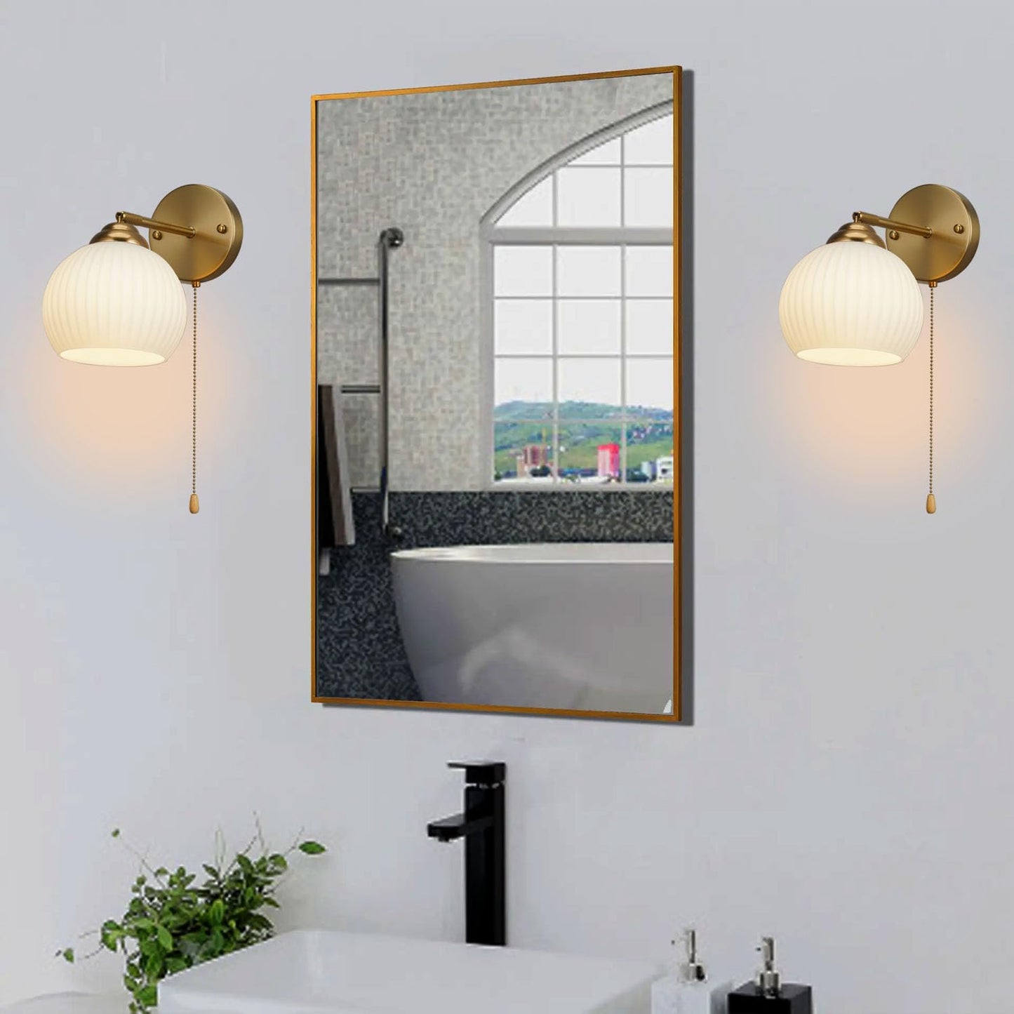 Mid-Century Modern Gold Wall Sconce, Set of 2 Industrial Bathroom Vanity Wall Sconce with White Spherical Glass Brushed Brass Wall Sconce for Dining Room Living Room Bedside