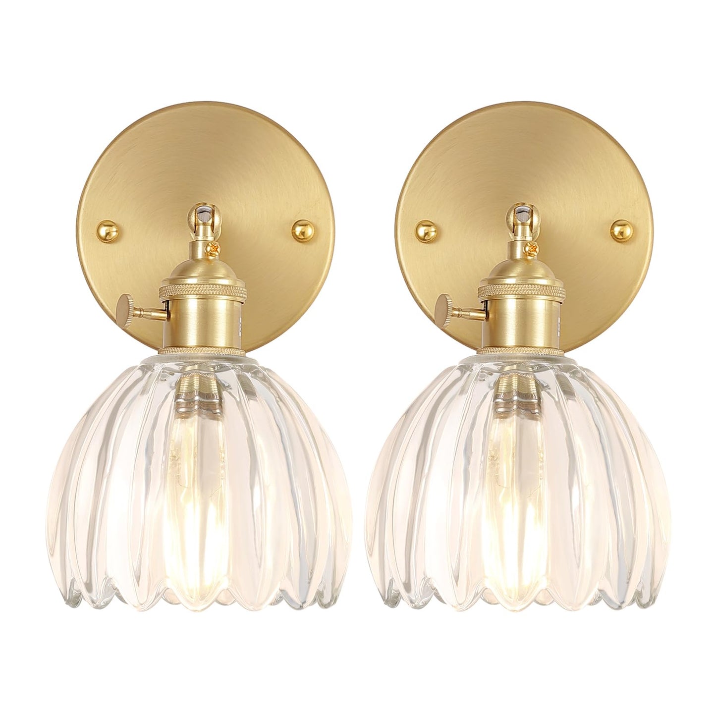 Vintage Wall Sconces Set of 2 with Transparent Tulip Glass Lampshade 180 Degree Adjustable Brass Sconces Hardwired Modern Wall Lighting Fixture with Switch for Bedside Bedroom Doorway