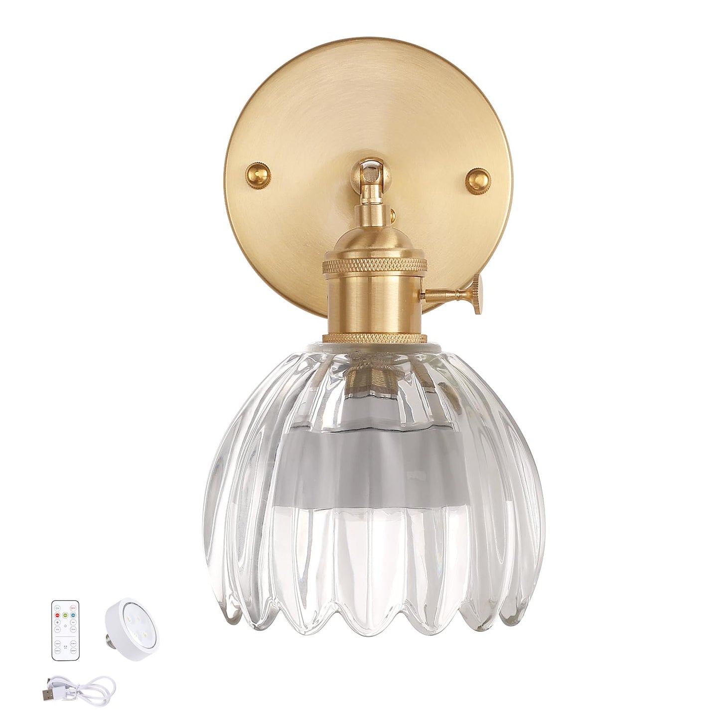 Vintage Wall Sconces Set of 2 with Transparent Tulip Glass Lampshade 180 Degree Adjustable Brass Sconces Hardwired Modern Wall Lighting Fixture with Switch for Bedside Bedroom Doorway