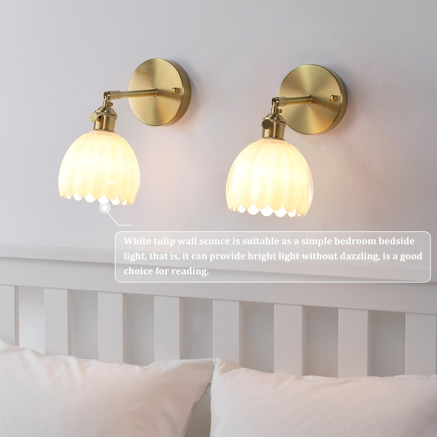 Vintage Wall Sconces Set of 2 with Transparent Tulip Glass Lampshade 180 Degree Adjustable Brass Sconces Hardwired Modern Wall Lighting Fixture with Switch for Bedside Bedroom Doorway