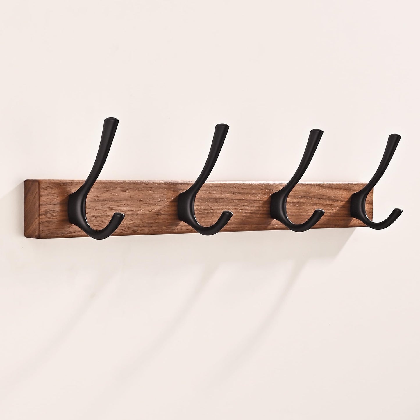 4 Pack Walnut Wood Wall Coat Hooks for Hanging, Adhesive Mounted & Wall Mount Heavy Duty Wooden Double Hook Hanger for Towel Backpack Hat Jacket Clothes Blanket Purse Robe Key Gold Hook