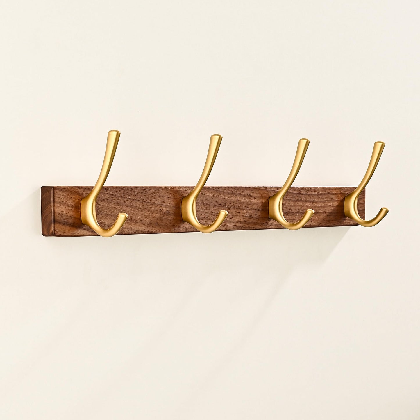 4 Pack Walnut Wood Wall Coat Hooks for Hanging, Adhesive Mounted & Wall Mount Heavy Duty Wooden Double Hook Hanger for Towel Backpack Hat Jacket Clothes Blanket Purse Robe Key Gold Hook