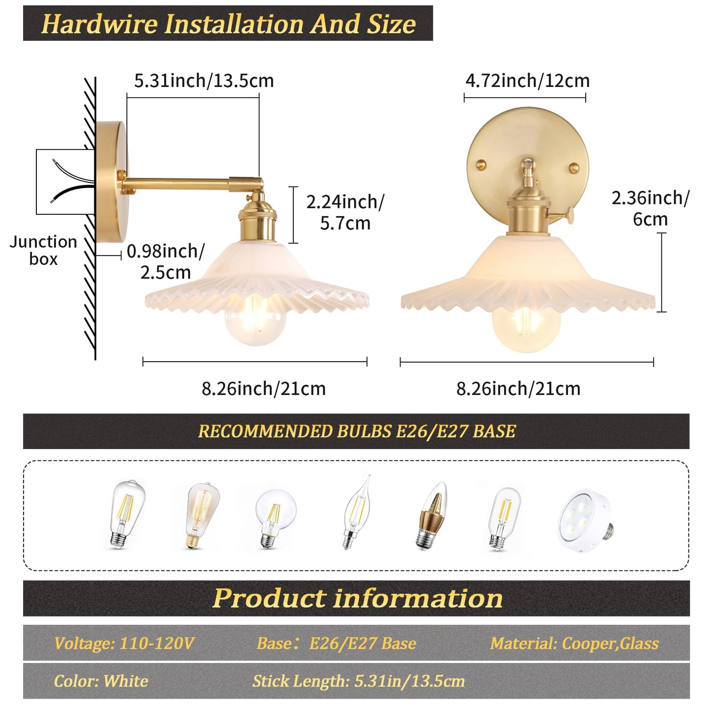 Vintage Wall Sconces Set of 2 with Transparent Tulip Glass Lampshade 180 Degree Adjustable Brass Sconces Hardwired Modern Wall Lighting Fixture with Switch for Bedside Bedroom Doorway