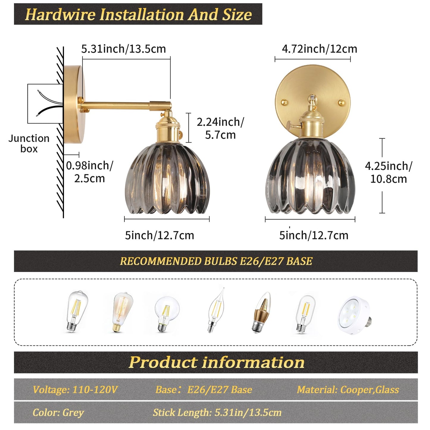 Vintage Wall Sconces Set of 2 with Transparent Tulip Glass Lampshade 180 Degree Adjustable Brass Sconces Hardwired Modern Wall Lighting Fixture with Switch for Bedside Bedroom Doorway