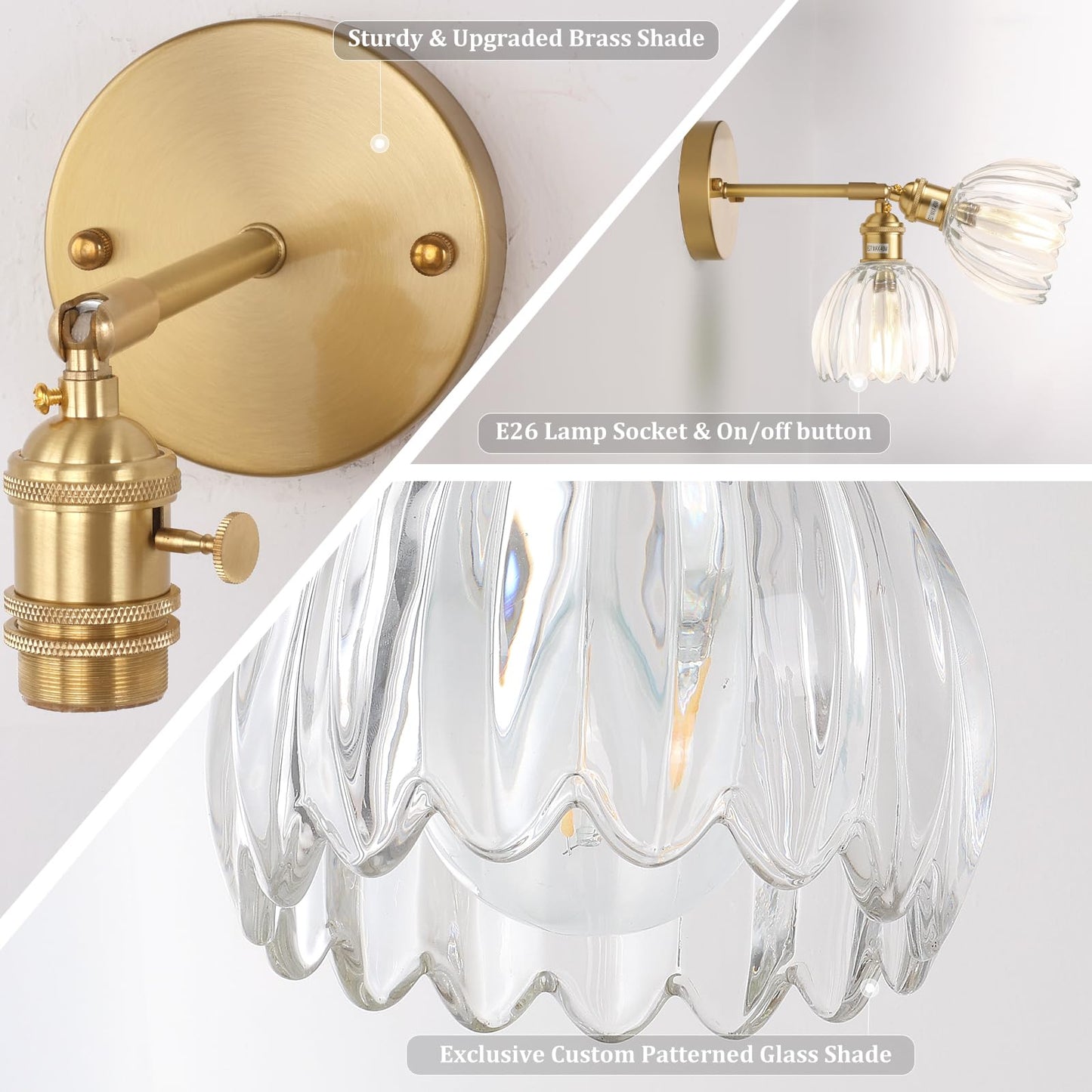 Vintage Wall Sconces Set of 2 with Transparent Tulip Glass Lampshade 180 Degree Adjustable Brass Sconces Hardwired Modern Wall Lighting Fixture with Switch for Bedside Bedroom Doorway