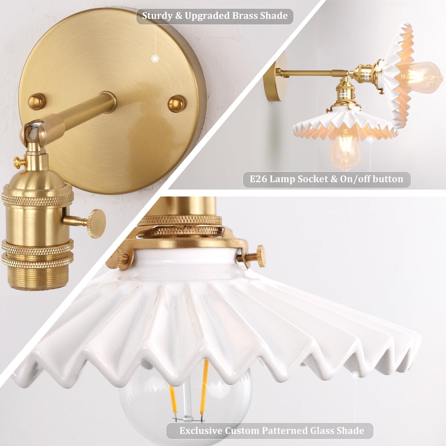 Vintage Wall Sconces Set of 2 with Transparent Tulip Glass Lampshade 180 Degree Adjustable Brass Sconces Hardwired Modern Wall Lighting Fixture with Switch for Bedside Bedroom Doorway