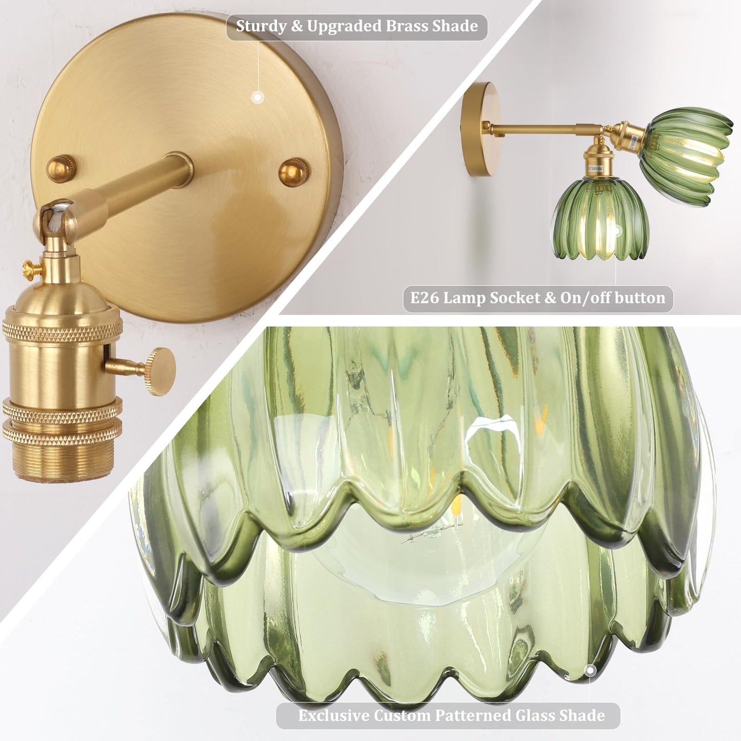 Vintage Wall Sconces Set of 2 with Transparent Tulip Glass Lampshade 180 Degree Adjustable Brass Sconces Hardwired Modern Wall Lighting Fixture with Switch for Bedside Bedroom Doorway