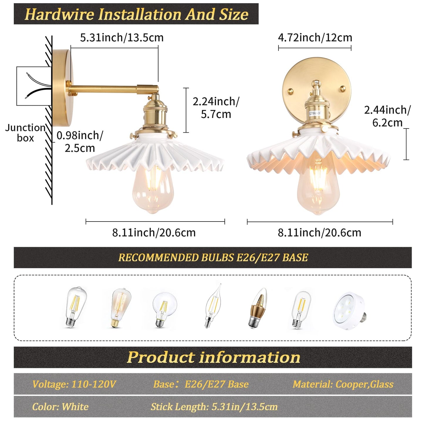 Vintage Wall Sconces Set of 2 with Transparent Tulip Glass Lampshade 180 Degree Adjustable Brass Sconces Hardwired Modern Wall Lighting Fixture with Switch for Bedside Bedroom Doorway