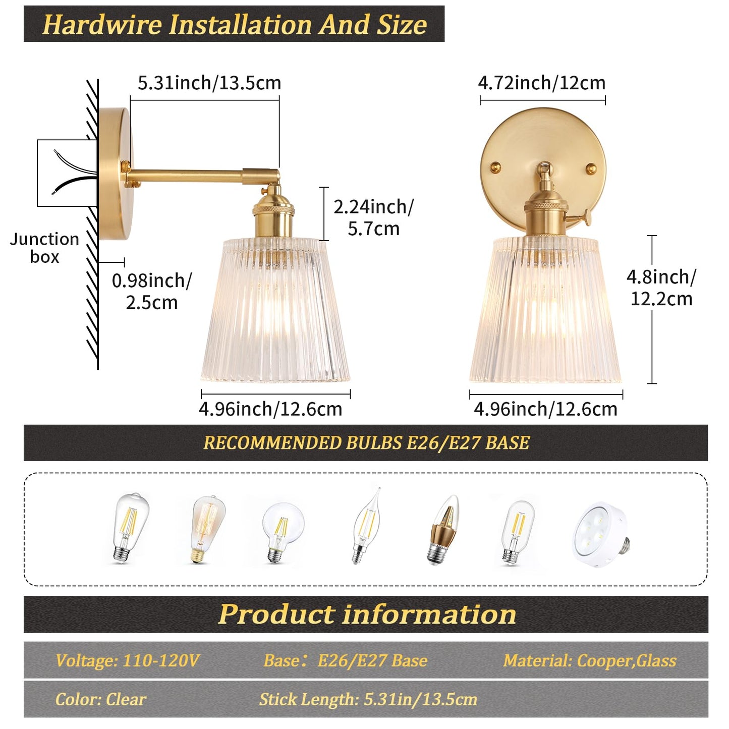 Vintage Wall Sconces Set of 2 with Transparent Tulip Glass Lampshade 180 Degree Adjustable Brass Sconces Hardwired Modern Wall Lighting Fixture with Switch for Bedside Bedroom Doorway