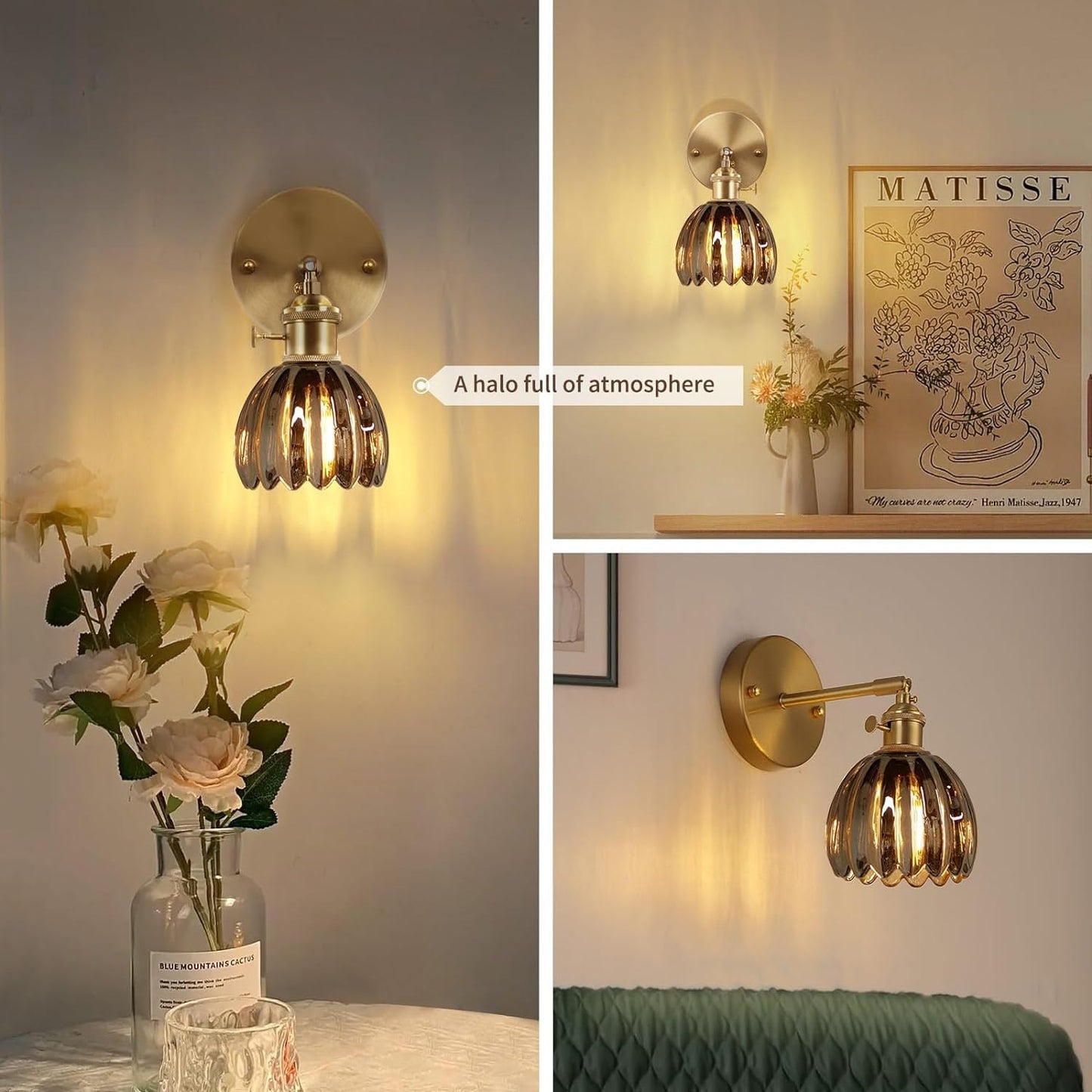 Vintage Wall Sconces Set of 2 with Transparent Tulip Glass Lampshade 180 Degree Adjustable Brass Sconces Hardwired Modern Wall Lighting Fixture with Switch for Bedside Bedroom Doorway