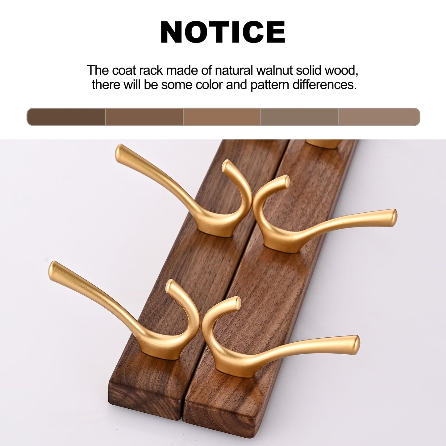 4 Pack Walnut Wood Wall Coat Hooks for Hanging, Adhesive Mounted & Wall Mount Heavy Duty Wooden Double Hook Hanger for Towel Backpack Hat Jacket Clothes Blanket Purse Robe Key Gold Hook