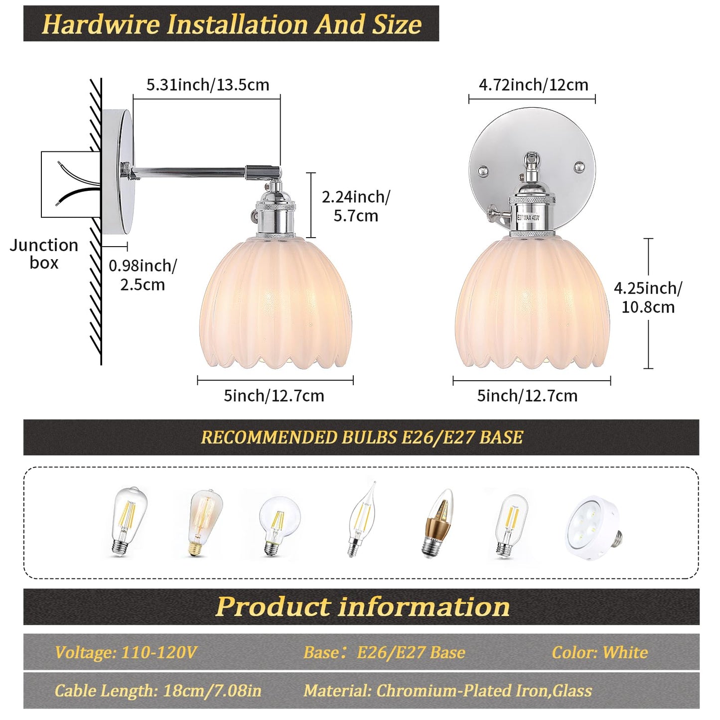 Vintage Wall Sconces Set of 2 with Transparent Tulip Glass Lampshade 180 Degree Adjustable Brass Sconces Hardwired Modern Wall Lighting Fixture with Switch for Bedside Bedroom Doorway