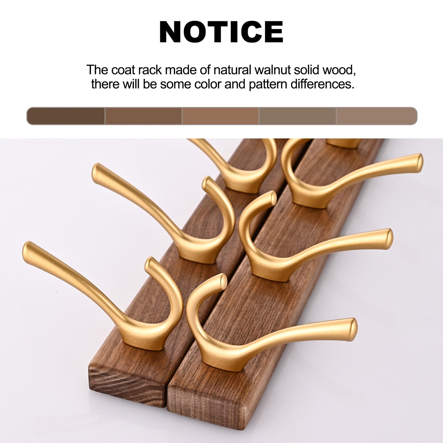 4 Pack Walnut Wood Wall Coat Hooks for Hanging, Adhesive Mounted & Wall Mount Heavy Duty Wooden Double Hook Hanger for Towel Backpack Hat Jacket Clothes Blanket Purse Robe Key Gold Hook