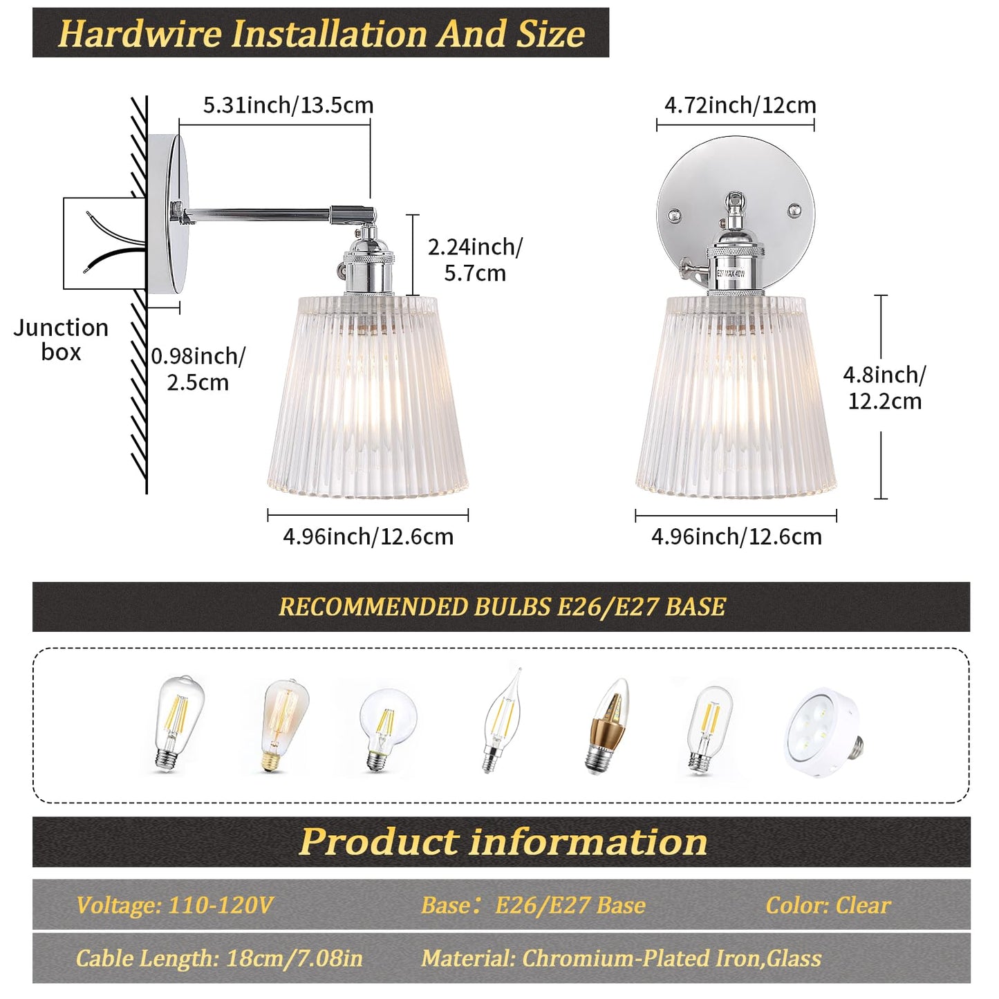 Vintage Wall Sconces Set of 2 with Transparent Tulip Glass Lampshade 180 Degree Adjustable Brass Sconces Hardwired Modern Wall Lighting Fixture with Switch for Bedside Bedroom Doorway