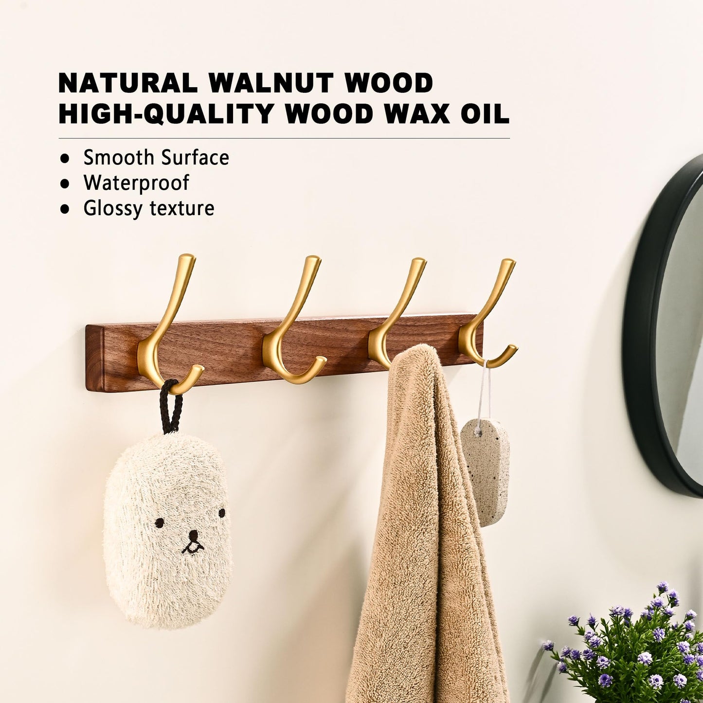 4 Pack Walnut Wood Wall Coat Hooks for Hanging, Adhesive Mounted & Wall Mount Heavy Duty Wooden Double Hook Hanger for Towel Backpack Hat Jacket Clothes Blanket Purse Robe Key Gold Hook