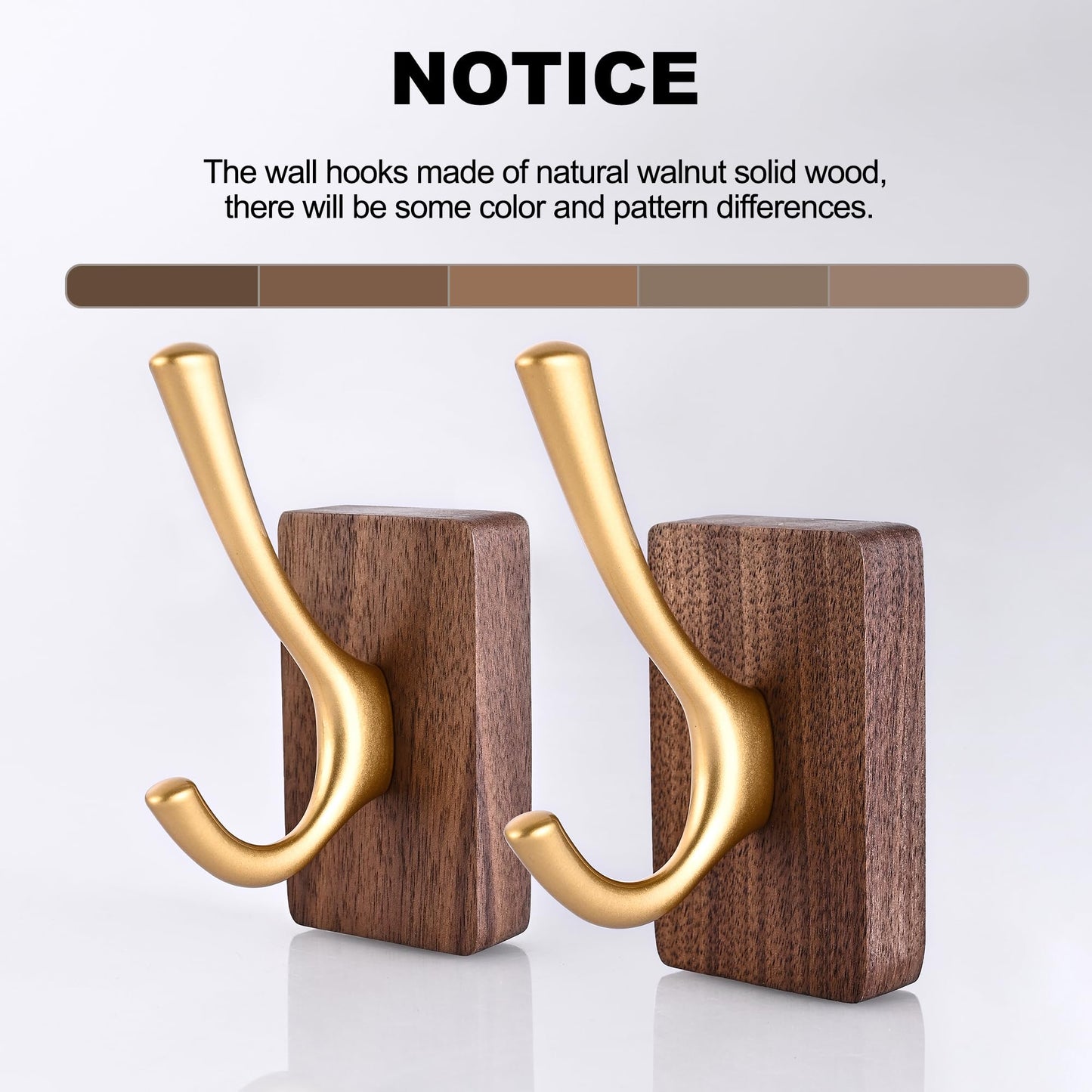 4 Pack Walnut Wood Wall Coat Hooks for Hanging, Adhesive Mounted & Wall Mount Heavy Duty Wooden Double Hook Hanger for Towel Backpack Hat Jacket Clothes Blanket Purse Robe Key Gold Hook