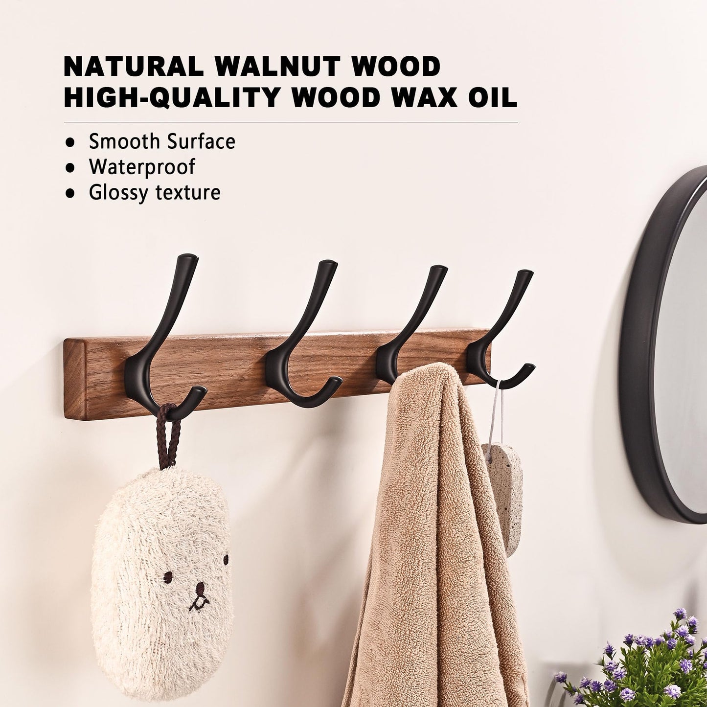 4 Pack Walnut Wood Wall Coat Hooks for Hanging, Adhesive Mounted & Wall Mount Heavy Duty Wooden Double Hook Hanger for Towel Backpack Hat Jacket Clothes Blanket Purse Robe Key Gold Hook