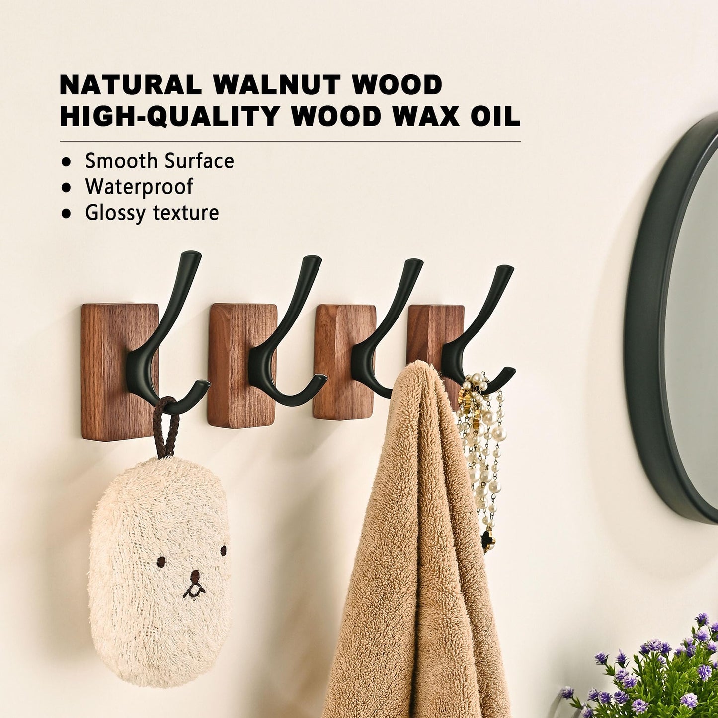 4 Pack Walnut Wood Wall Coat Hooks for Hanging, Adhesive Mounted & Wall Mount Heavy Duty Wooden Double Hook Hanger for Towel Backpack Hat Jacket Clothes Blanket Purse Robe Key Gold Hook