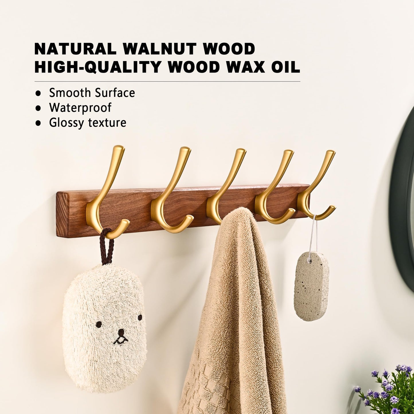 4 Pack Walnut Wood Wall Coat Hooks for Hanging, Adhesive Mounted & Wall Mount Heavy Duty Wooden Double Hook Hanger for Towel Backpack Hat Jacket Clothes Blanket Purse Robe Key Gold Hook