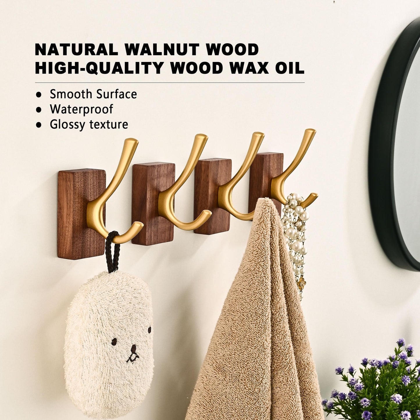 4 Pack Walnut Wood Wall Coat Hooks for Hanging, Adhesive Mounted & Wall Mount Heavy Duty Wooden Double Hook Hanger for Towel Backpack Hat Jacket Clothes Blanket Purse Robe Key Gold Hook