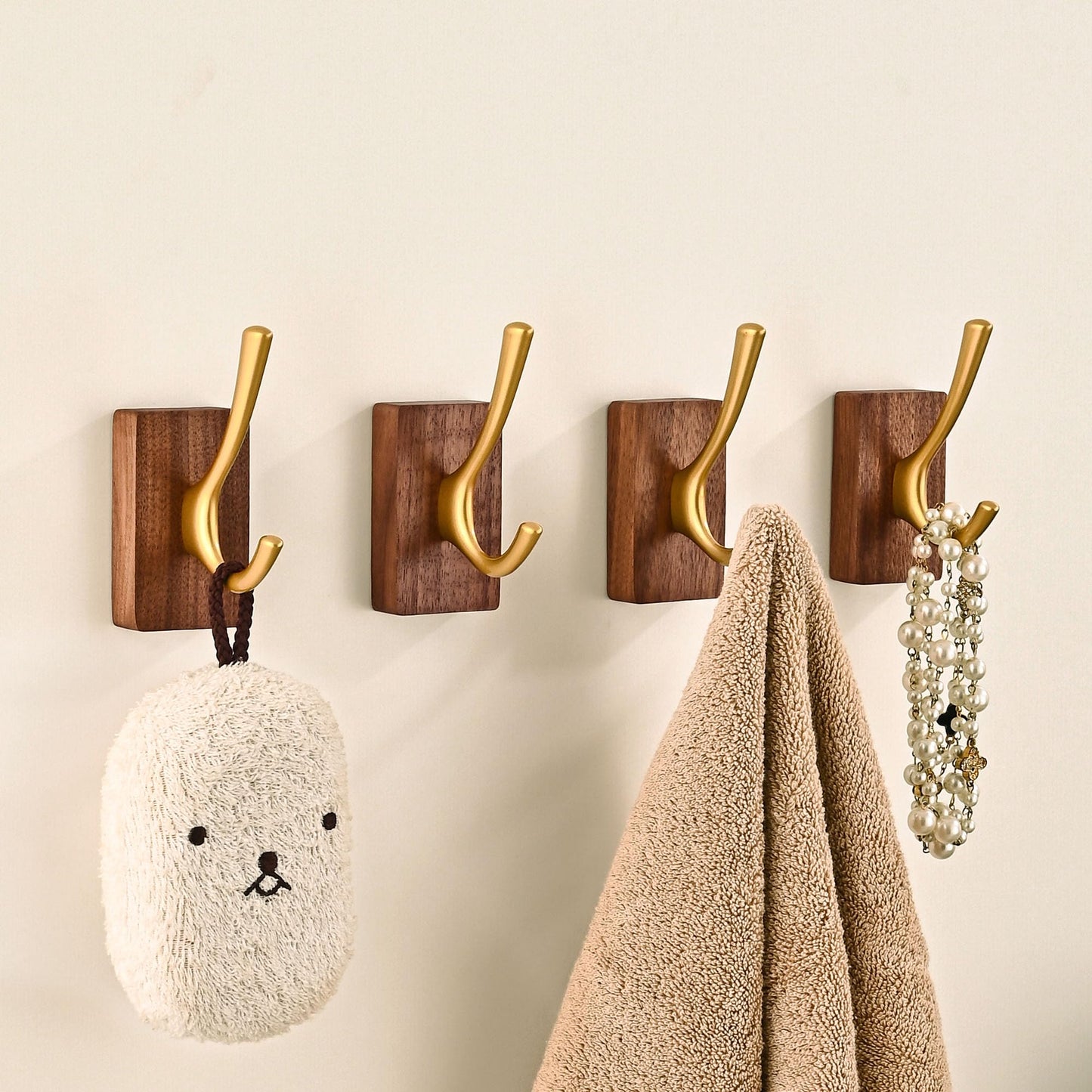 4 Pack Walnut Wood Wall Coat Hooks for Hanging, Adhesive Mounted & Wall Mount Heavy Duty Wooden Double Hook Hanger for Towel Backpack Hat Jacket Clothes Blanket Purse Robe Key Gold Hook