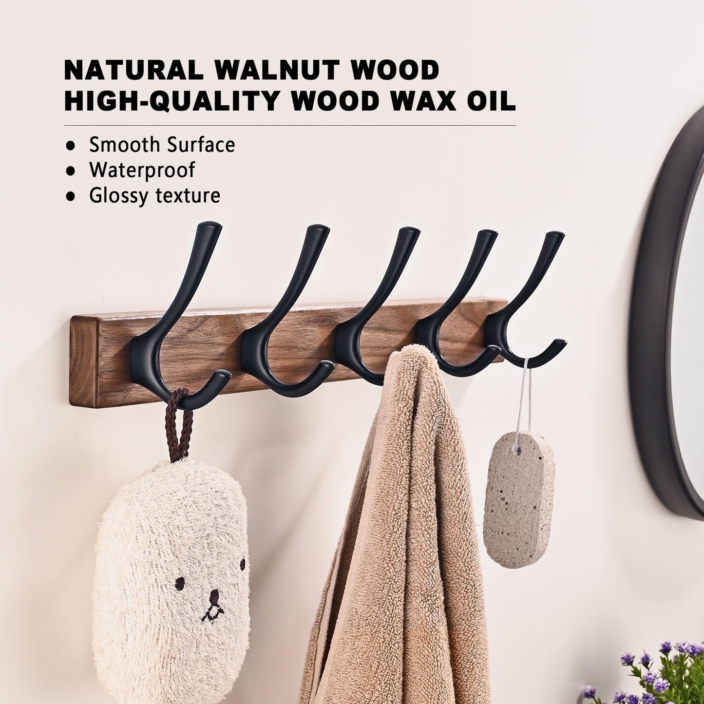 4 Pack Walnut Wood Wall Coat Hooks for Hanging, Adhesive Mounted & Wall Mount Heavy Duty Wooden Double Hook Hanger for Towel Backpack Hat Jacket Clothes Blanket Purse Robe Key Gold Hook