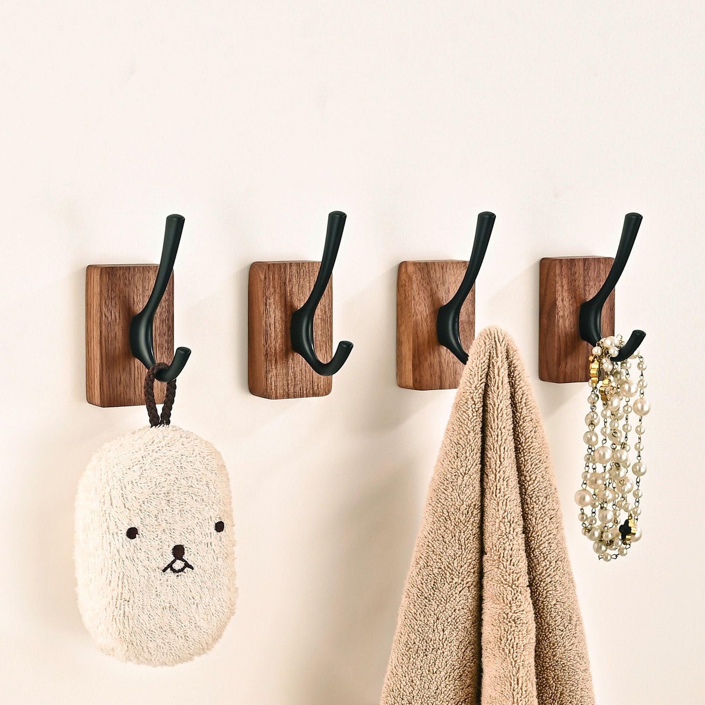 4 Pack Walnut Wood Wall Coat Hooks for Hanging, Adhesive Mounted & Wall Mount Heavy Duty Wooden Double Hook Hanger for Towel Backpack Hat Jacket Clothes Blanket Purse Robe Key Gold Hook